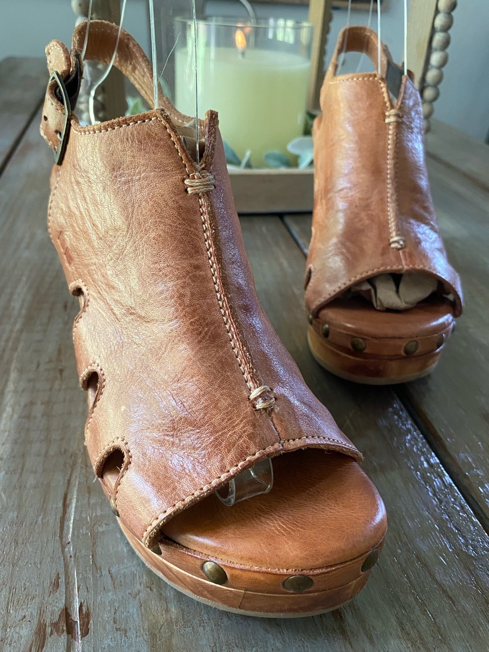 BED|STU Naiya Wedge Clog Leather‎ Wood Platform Sandals Buckle Studded Women 8.5